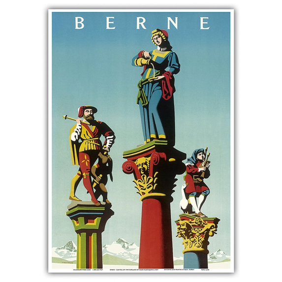 Berne - Capital of Switzerland - Old Town Fountain Statues - Vintage Travel Poster by Hans Hartmann c.1949 - Master Art Print 10in x 14in