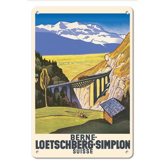 Berne Switzerland (Suisse) - Loetschberg-Simplon Railway - Vintage Railroad Travel Poster by Eugen Henziross c.1931 - 8 x 12 inch Vintage Wood Art Sign