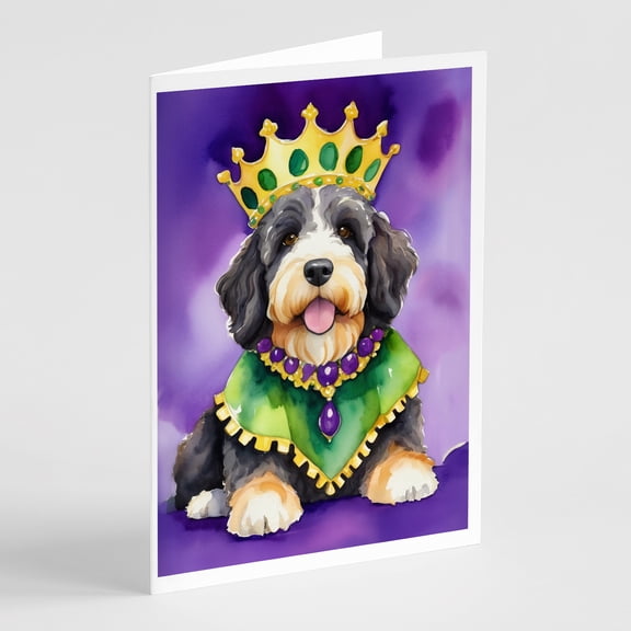 Bernedoodle King of Mardi Gras Greeting Cards Pack of 8 7 in x 5 in