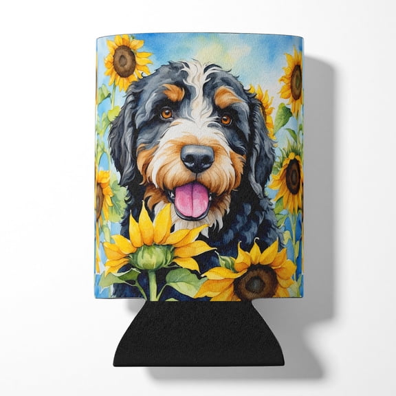 Bernedoodle in Sunflowers Can or Bottle Hugger 3 in x 5 in