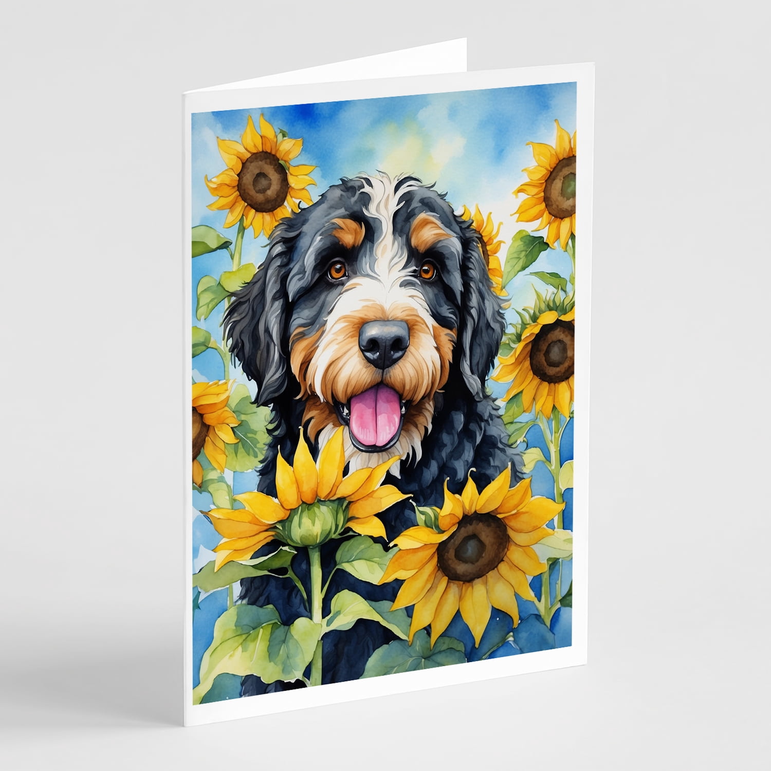 Bernedoodle in Sunflowers Greeting Cards Pack of 8 7 in x 5 in
