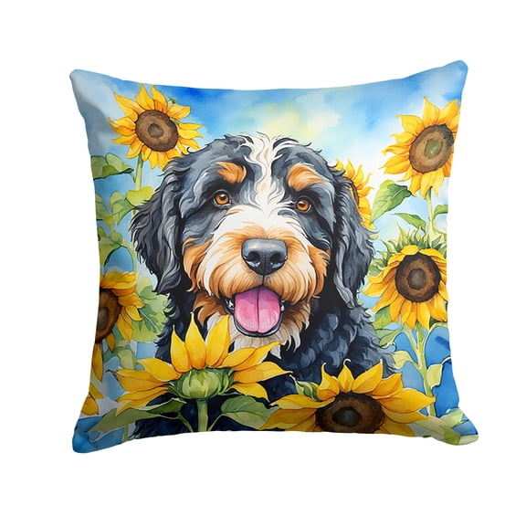 Bernedoodle in Sunflowers Throw Pillow 14 in x 14 in
