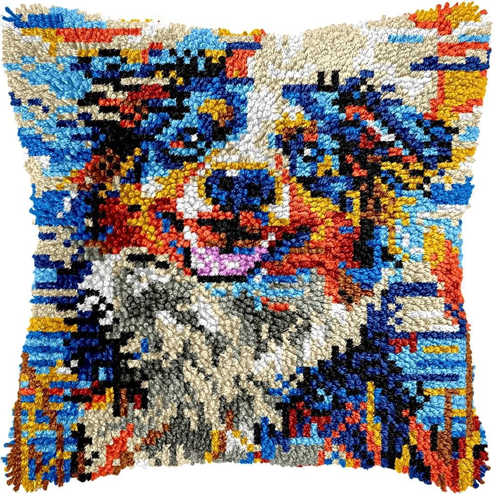 Bernes Mountain Dog Latch Hook Pillow Kits for DIY Handmade Throw Pillow Cushion Embroidery Latch Hooking Pillowcase Kits with Preprinted Canvas Crochet Yarn Kits 17''X 17''(g281)