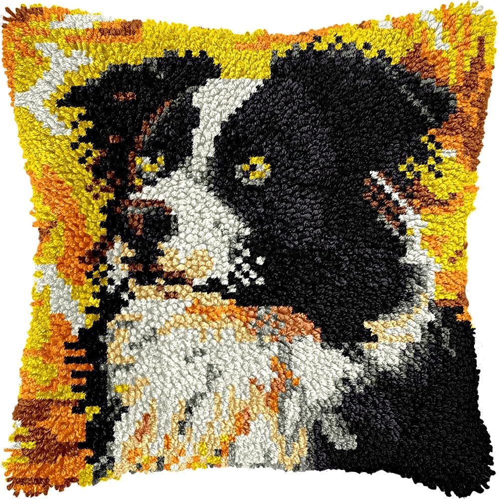 Bernes Mountain Dog Latch Hook Pillow Kits for DIY Handmade Throw Pillow Cushion Embroidery Latch Hooking Pillowcase Kits with Preprinted Canvas Crochet Yarn Kits 17''X 17''(g5)