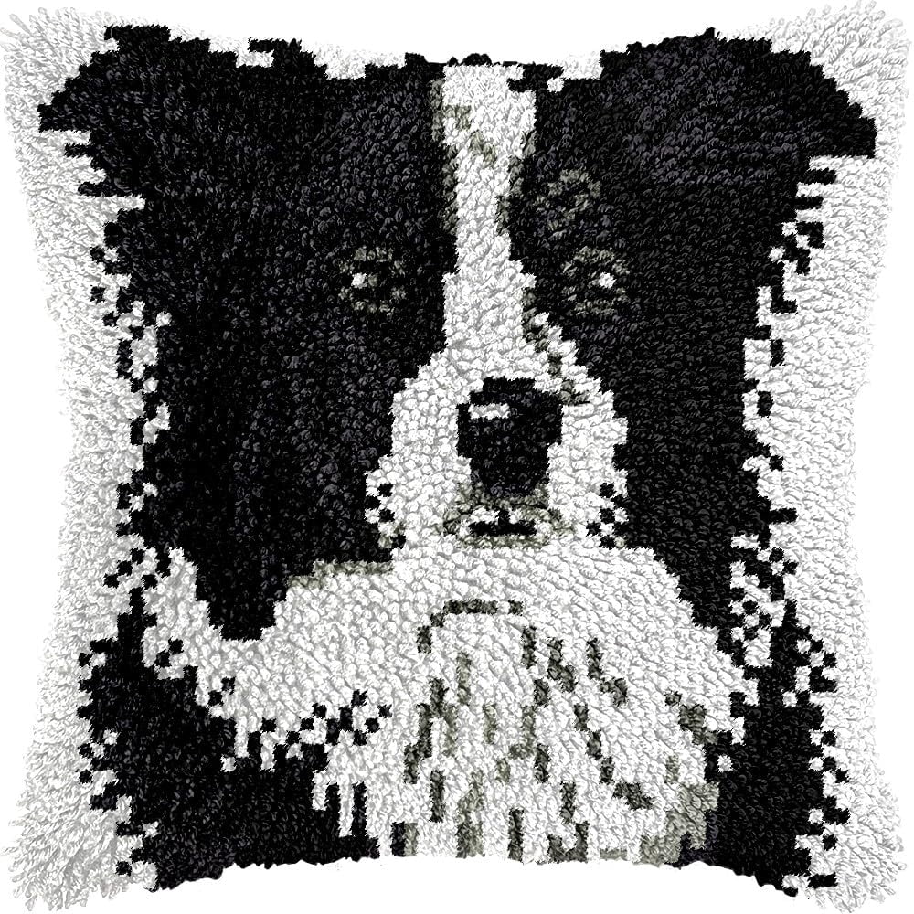 Bernes Mountain Dog Latch Hook Pillow Kits for DIY Throw Pillow Cushion Embroidery Latch Hooking Pillowcase Kits with Preprinted Canvas Crochet Yarn Kits for Home Decor 17''X 17''(d282)