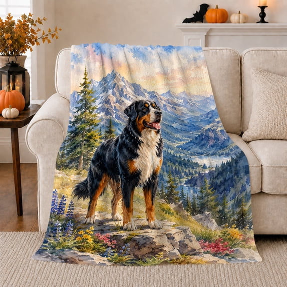 Bernese Mountain Dog on Alpine Trail, Cheerful Watercolor Style for Dog Lovers, Mountain Lake Scene and Birthday Gift, Cozy Flannel Blanket for Bedroom and Living Room, Home Decor