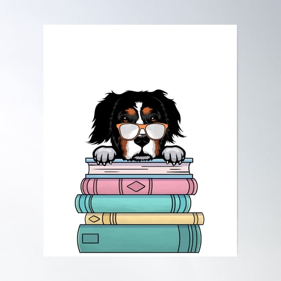 Bernese Mountain Dog And Books Poster Wall Art, Modern Wall Decor, 8x12 UNFRAMED