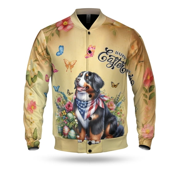 Bernese Mountain Dog Celebrates Spring and Enjoys a Happy Easter All Over Print 3D Baseball Jacket Berner Lover Gifts Bomber Jacket Softball - 02001