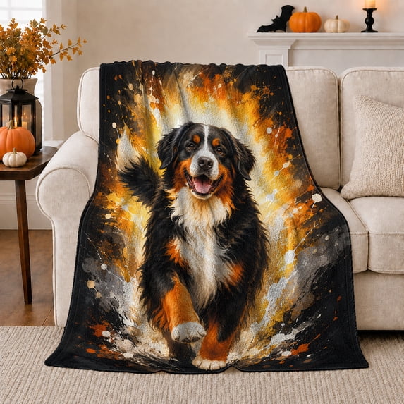 Bernese Mountain Dog Dynamic Abstract Splatter Energetic Realistic, Cozy Pet Portrait Pattern, Warm Flannel Blanket for Cabin and Lodge, Dog Lovers Just Because Gift, Pet Lover Home Decor