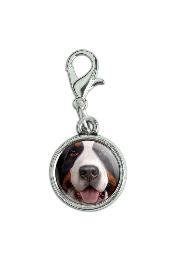 Bernese Mountain Dog Face Closeup Antiqued Bracelet Pendant Zipper Pull Charm with Lobster Clasp