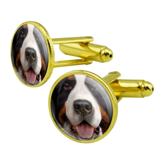 Bernese Mountain Dog Face Closeup Round Cufflink Set Gold Color