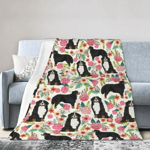 Bernese Mountain Dog Floral Flower Blanket Gifts For Kids Adults - Lightweight Throw Blanket For Bedroom Living Room Decor Soft Fuzzy Fleece Cozy Plush Bed Couch 60"X50"