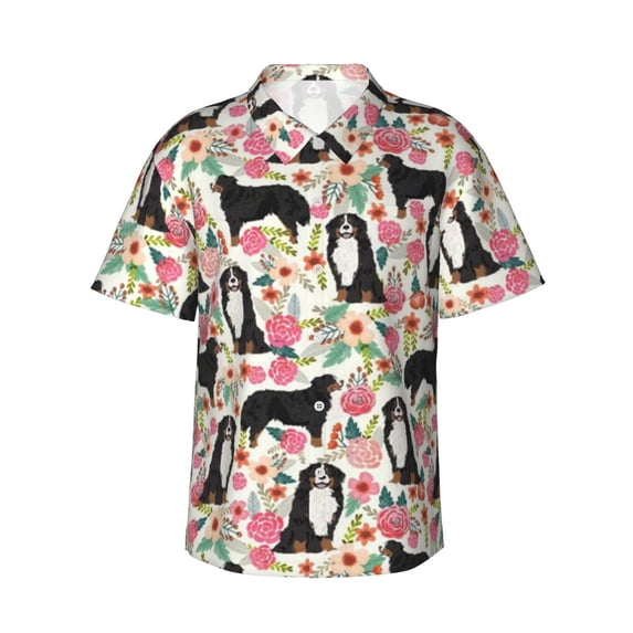 Bernese Mountain Dog Floral Flower Men'S 3d Print Casual Button Down Shirts, Novelty Hawaiian Short Sleeves 2xl