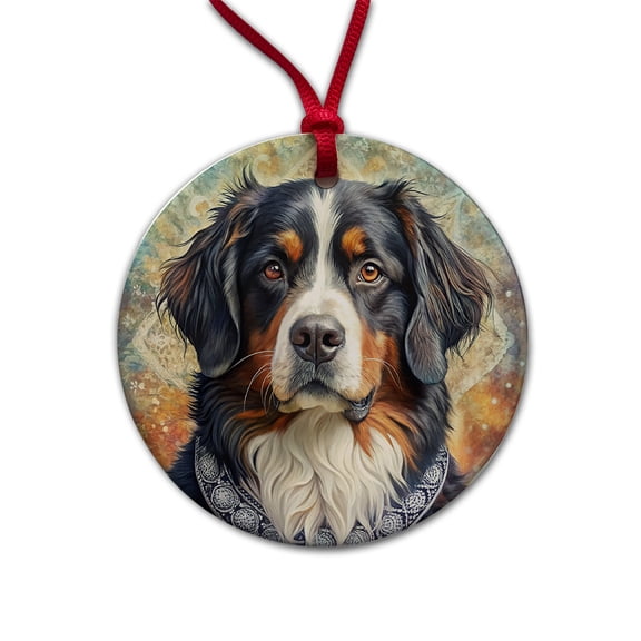 Bernese Mountain Dog French Bohemian Art Christmas Tree Holiday Round Ceramic Ornament