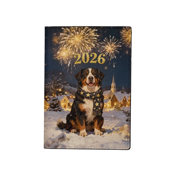 Bernese Mountain Dog Happy New Year 2026 with Fireworks on New Year's Eve Travel Passport Wallet Berner Lover Gifts PU Leather Passport Holder Cover - 12022