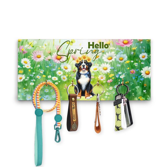 Bernese Mountain Dog Hello Spring Time Flower Floral Nature Wood Key Holder Berner Lover Gifts Wall-mounted Key Rack Home Decor - 02031