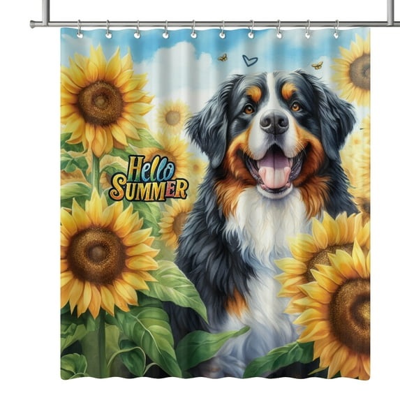 Bernese Mountain Dog Hello Summer Sunshine Sunflowers Spring Retro Vintage Shower Curtain Berner Lover Gifts Waterproof Bathroom Bathtub Curtain - 00008