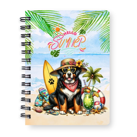Bernese Mountain Dog Hello Summer with Sunglasses and Surfboard Tropical Vibes Spiral Bound Journal Berner Lover Gifts 5x7in Spiral Notebook - 00007