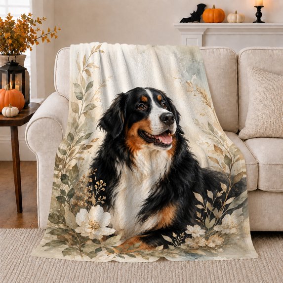 Bernese Mountain Dog Portrait Botanical Floral Border Watercolor, Cozy Pet Portrait Pattern, Warm Flannel Blanket for Cabin and Lodge, Dog Lovers Just Because Gift, Pet Lover Home Decor