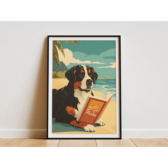 Bernese Mountain Dog Reading Aloha Book On Beach Tropical Palm Tree Sunset Ocean Waves Poster Unframed Paper Print
