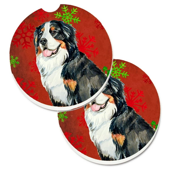 Bernese Mountain Dog Red  Green Snowflakes Holiday Christmas Set of 2 Cup Holder Car Coasters