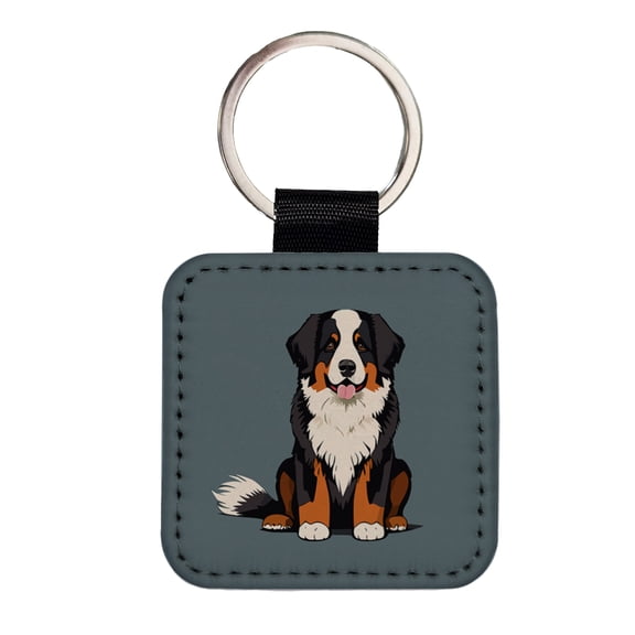 Bernese Mountain Dog Sitting Faux Leather Square Keychain