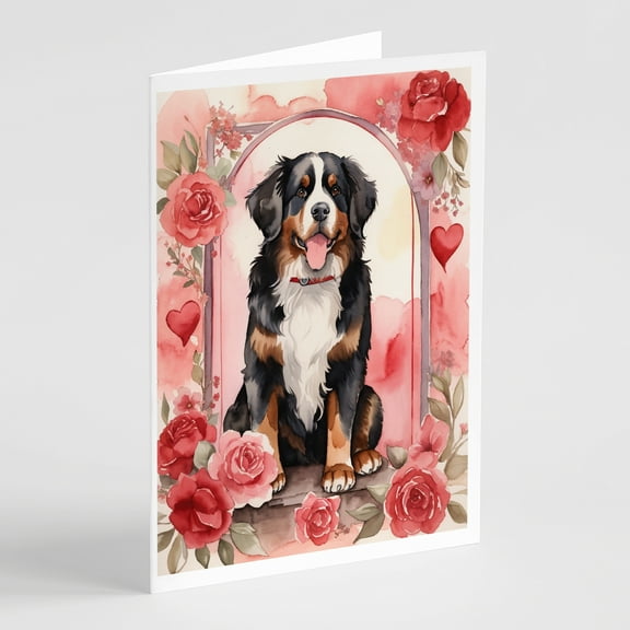 Bernese Mountain Dog Valentine Roses Greeting Cards Pack of 8 7 in x 5 in