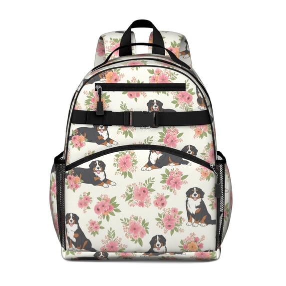 Bernese Mountain Dog and Rose Backpack for School, Cute School Bag with Adjustable Shoulder Straps and Padded Back, 15.25"x11.5"x5.25"