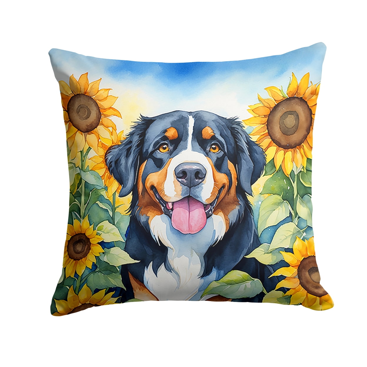 Bernese Mountain Dog in Sunflowers Throw Pillow 18 in x 18 in