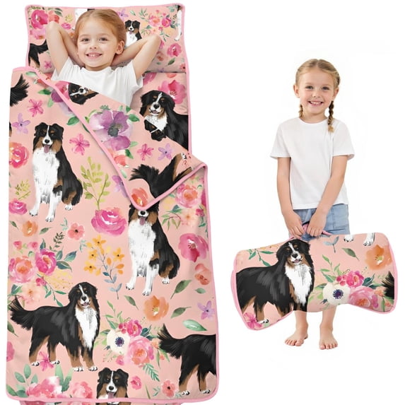 Bernese Mountain Dogs with Pioneer Flower Toddler Nap Mats for Kids Preschool,50"x20" Sleeping Mat Bag or Kids,Toddler Sleeping Bag,Toddler Nap Mat or Daycare