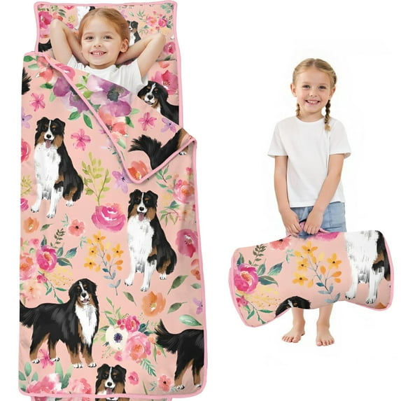 Bernese Mountain Dogs with Pioneer Flower Toddler Nap Mats for Kids Preschool,59"x22" Sleeping Mat Bag or Kids,Toddler Sleeping Bag,Toddler Nap Mat or Daycare