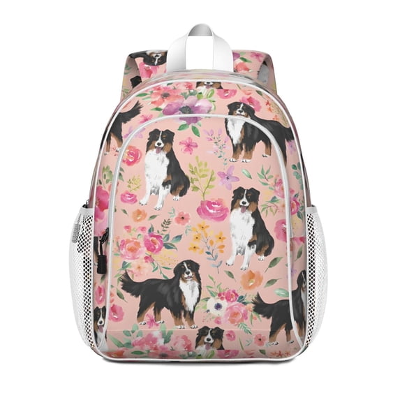 Bernese Mountain Dogs with Flowers Backpack for School,Cute School Bag,Schoolbag with Adjustable Shoulder Straps & Padded Back,15"x11.42"x5.5"