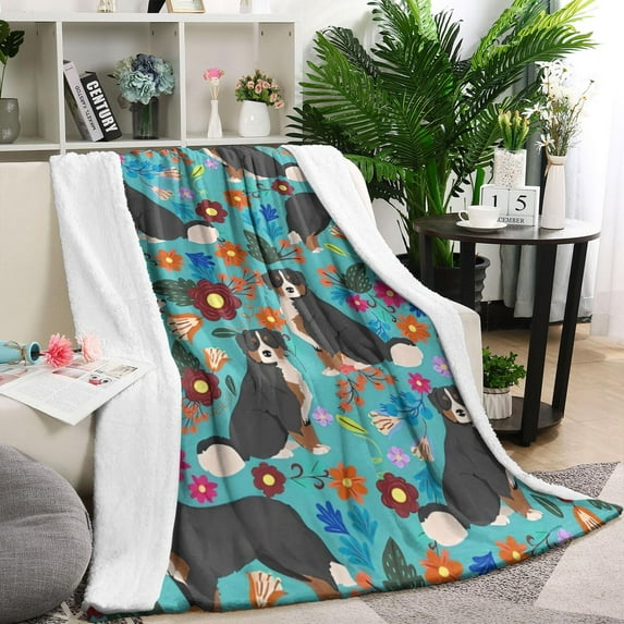 Bernese Mountain and Flower Blanket,Comfortable Soft Lamb Wool Throw Blanket,All Season,Warm Lightweight Blankets for Sofa Bed Couch Living Room Chair,60"x80"