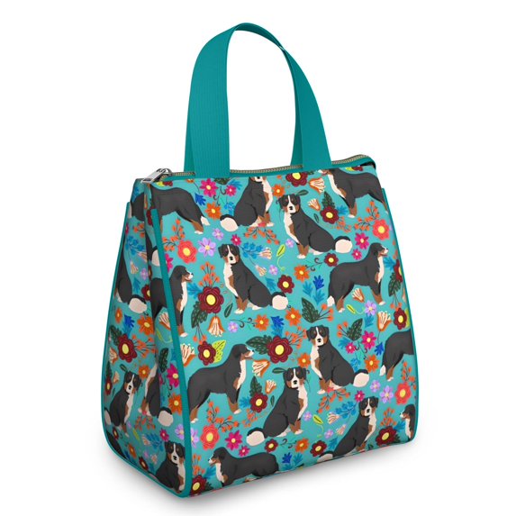Bernese Mountain and Flower Insulated Lunch Bag for Women & Adults,Large Portable Soft Cooler Lunch Bag,Thermal Food Storage Tote with Pearl Cotton,8.66L,8.75x5.75x9.5 Inch