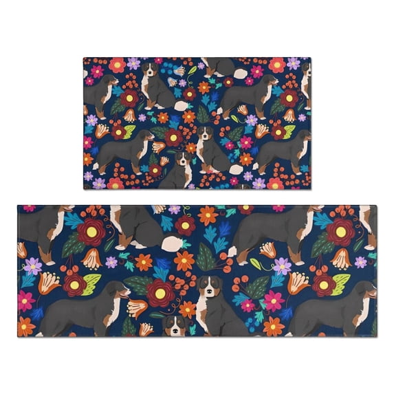 Bernese Mountain and Flower Kitchen Rugs Sets Of 2,Anti Fatigue Kitchen Mat Rugs Non Slip Washable,Decorative Kitchen Floor Mats for Kitchen,Sink,Laundry,17"x30"+17"x47"