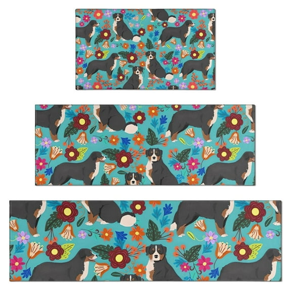 Bernese Mountain and Flower Kitchen Rugs Sets Of 3,Kitchen Runner Rugs Non Skid Washable,Decorative Kitchen Floor Mats for Kitchen,Sink,Laundry,17"x30"+ 17"x47" + 17"x59"