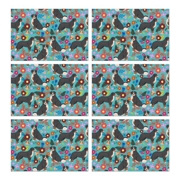 Bernese Mountain and Flower Summer Placemats Table Placemats Set Of 6-Linen Kitchen Washable Placemats Table Mats 11.8"x17.7"Non-Slip Heat Resistant