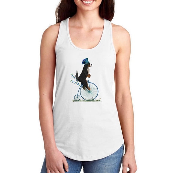 Bernese On Penny Farthing. Racerback Tank Women -Fab Funky Designs, Female Medium