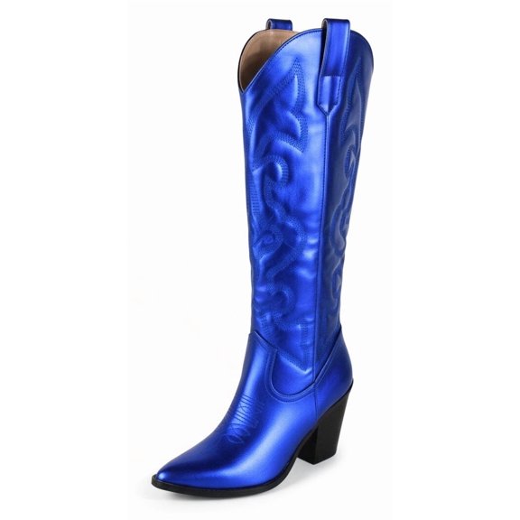 Berness Arizona Women's Knee-High Cowboy Boots Pointed Toe Embroidered Stitching High Block Heel Western Country Concert Line Dance Tall Boots Side Zipper Royal Blue 8