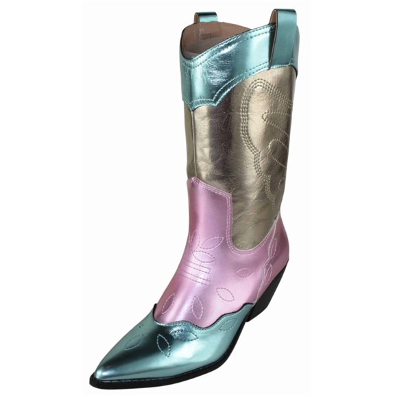 Berness Myrtle Women's Mid-Calf Cowboy Boots Pointed Toe Embroidered Stitching Block Heel Western Country Concert Line Dance Boots Pull-On Multi Colorful 8