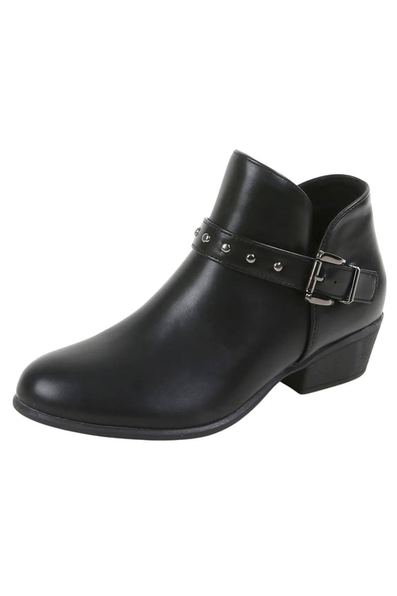 Women Ankle Boots Buckle Studded Strap Sides Zippers Block Short Heel Booties KASHVI Black 9