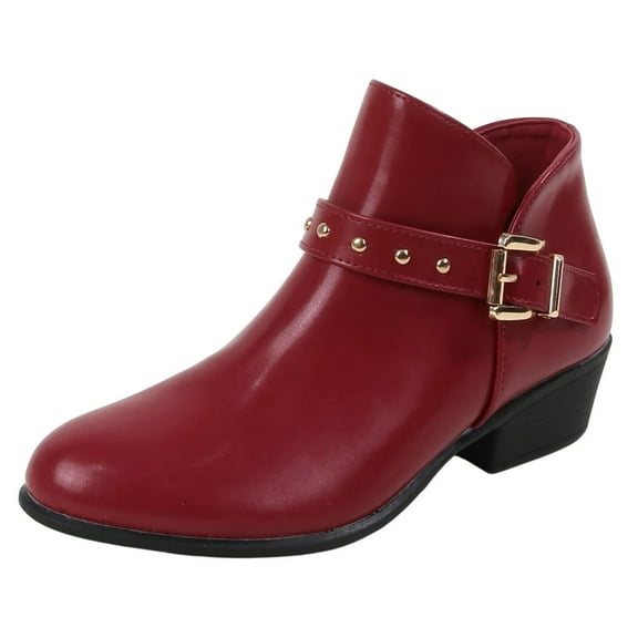 Berness Women Ankle Boots Buckle Studded Strap Sides Zippers Block Short Heel Booties KASHVI Burgundy Red 8