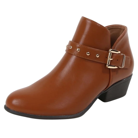 Berness Women Ankle Boots Buckle Studded Strap Sides Zippers Block Short Heel Booties KASHVI Light Brown Tan Camel 10
