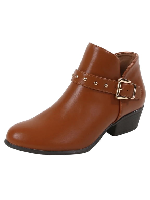 Women Ankle Boots Buckle Studded Strap Sides Zippers Block Short Heel Booties KASHVI Light Brown Tan Camel 7