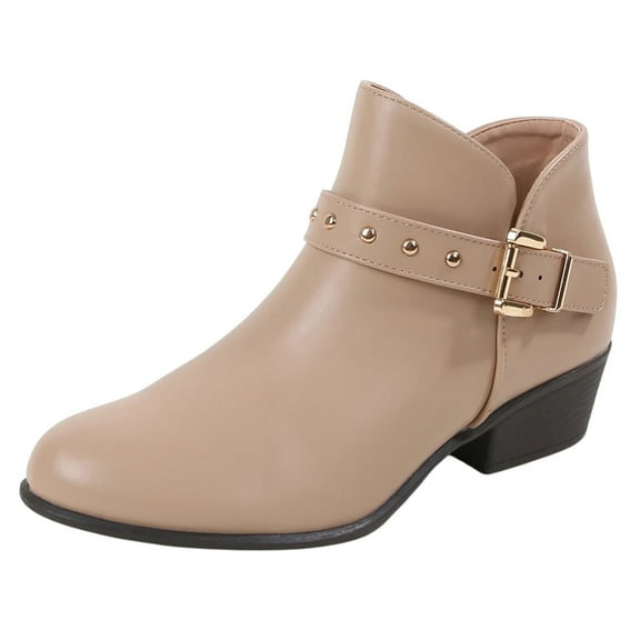 Berness Women Ankle Boots Buckle Studded Strap Sides Zippers Block Short Heel Booties KASHVI Nude Beige 8