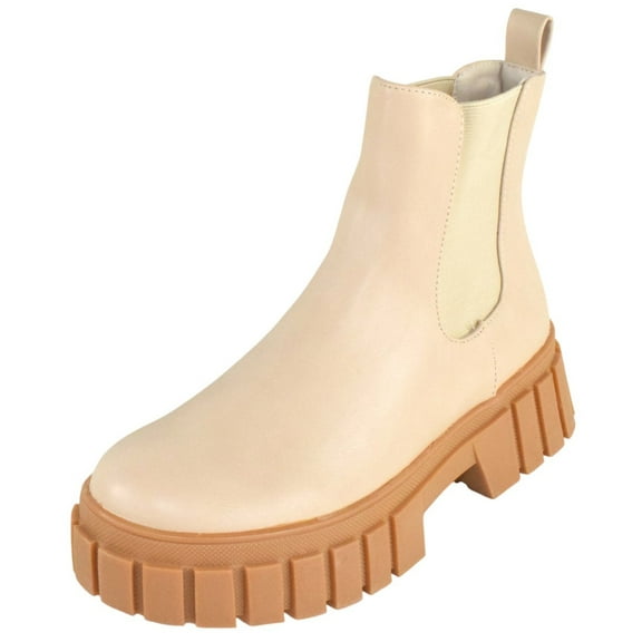 Berness Women Ankle Chunky Chelsea Boots Elastic Sides Slip On Lug Sole Platform Booties CAMILA Beige Nude 8