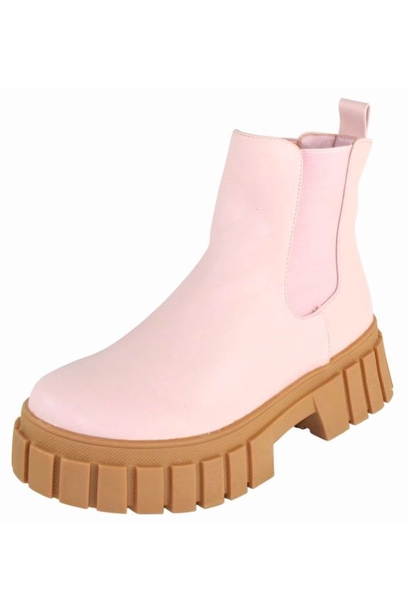 Women Ankle Chunky Chelsea Boots Elastic Sides Slip On Lug Sole Platform Booties CAMILA Pink 8
