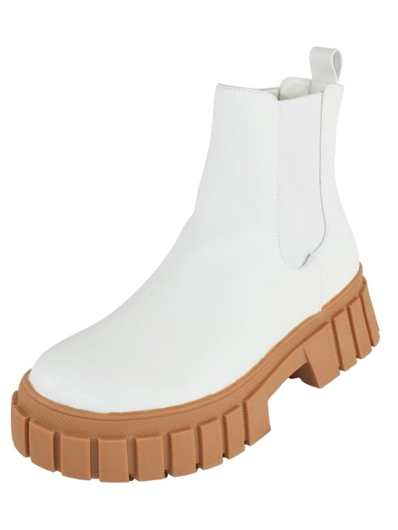 Women Ankle Chunky Chelsea Boots Elastic Sides Slip On Lug Sole Platform Booties CAMILA White 10