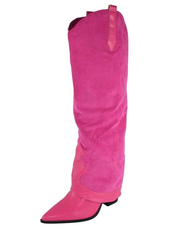 Women Brandy Suedette Foldover Knee High Boots Western Cowboy Style Pointed Toe Hidden Block High Heel Faux Suede Leather Mix Hidden Zipper Pull On Hot Pink Fuchsia 7.5