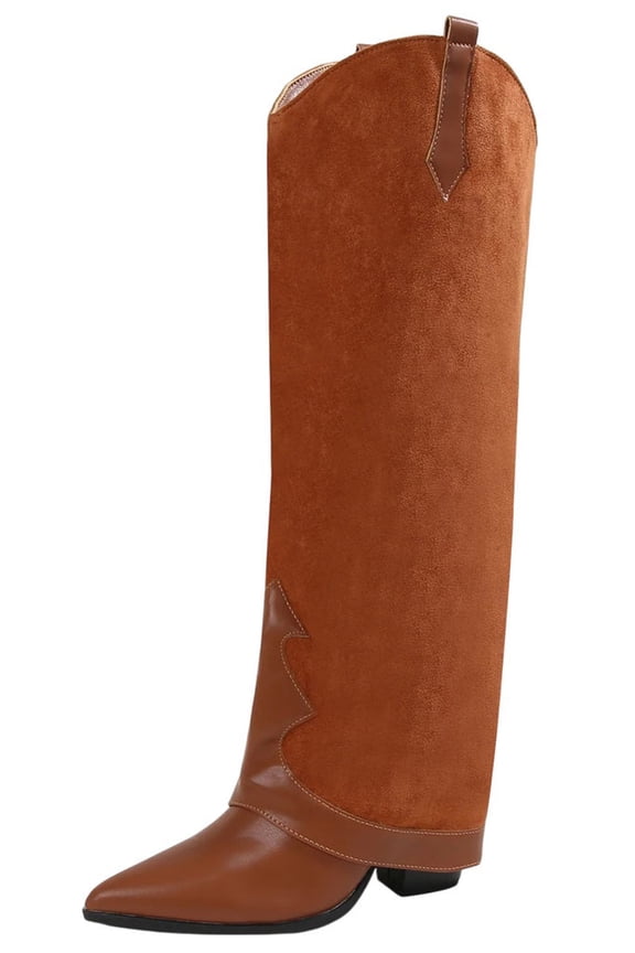 Women Brandy Suedette Foldover Knee High Boots Western Cowboy Style Pointed Toe Hidden Block High Heel Faux Suede Leather Mix Hidden Zipper Pull On Tan Brown Camel 10